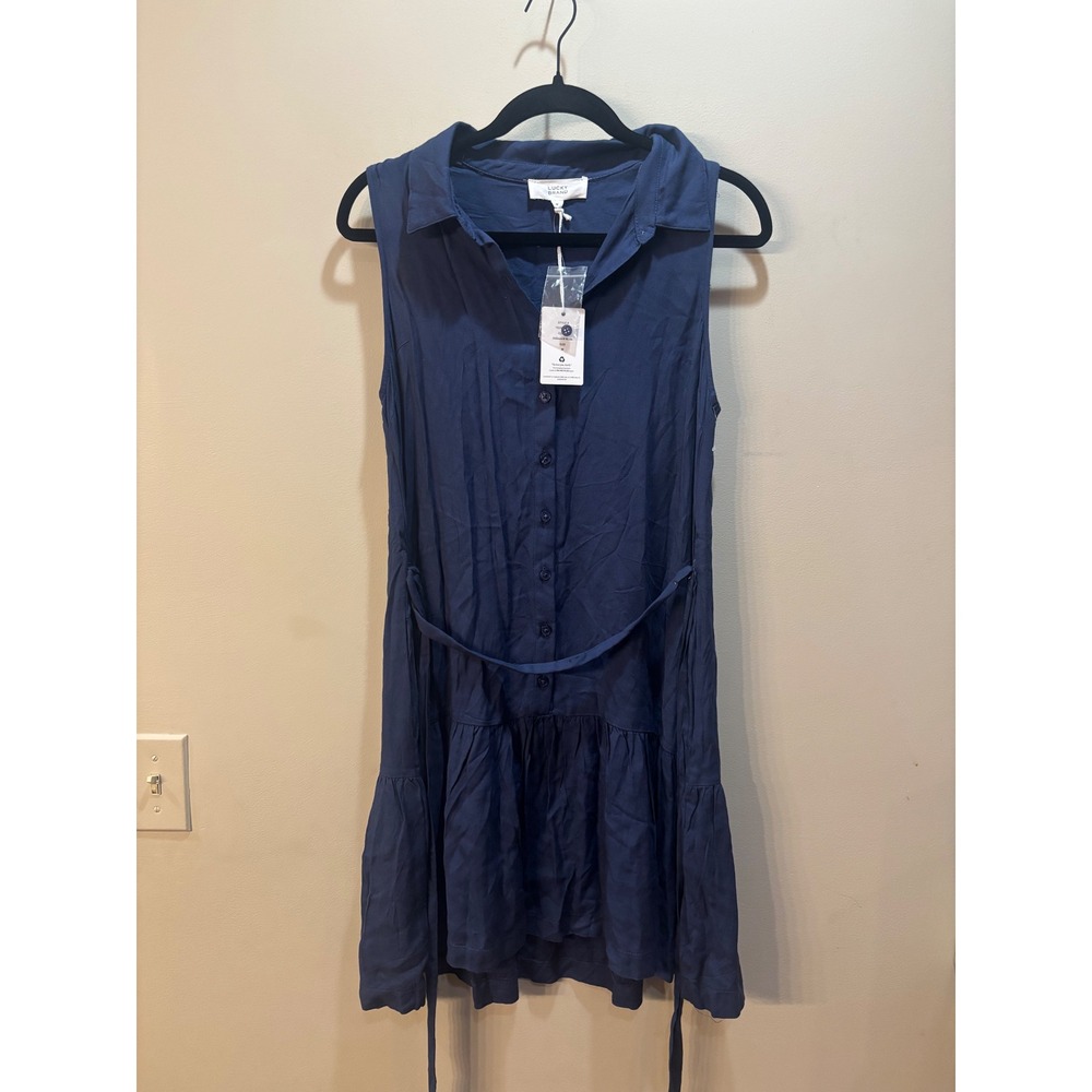 NWT Lucky Brand Navy Blue Sleeveless Collared Button Front Dress Belt‎ Size M